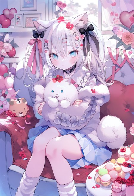 score_9, score_8_up, score_7_up, score_6_up, <lora:oninekoXL_TPN55_lokr_V43P1:0.95>   1girl, animal ears, blue eyes, hair ornament, white hair, skirt, food, looking at viewer, solo, sitting, collar, long hair, flower, window, socks, indoors, pleated skirt, hairclip, long sleeves, bow, tail, blush, shirt, hair bow, cat ears, stuffed toy, animal ear fluff, closed mouth, macaron, pink flower, ribbon, hair between eyes, holding, heart, rose, white socks, twintails, balloon, white skirt, petals, loose socks, couch, frills, hair ribbon, curtains, jacket