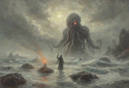 a dark foreboding scene, a colossal ancient creature emerging from the depths of the sea, the creature has a massive tentacled form with glowing red eyes casting an eerie light, a lone figure holds up a red torch standing on the rocky shore, its light barely illuminating the surroundings, The atmosphere is heavy with tension the sea crashing violently against the rocks, the creature's immense size dwarfing the solitary human, lone figure against the ancient, otherworldly beast, color palette is dark, deep blacks and greys, high contrast, <lora:MJ52:0.5>, <lora:add-detail-xl:1>, <lora:ral-ertmsphr:0.5> ral-ertmsphr, cthulhu, 
oil painting