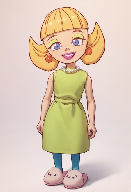 score_9, score_8_up, score_7_up BREAK LoopyMom, 1girl, blonde hair, blunt bangs, blue eyes, green eyeshadow, pink lipstick, orange pearl earrings, white pearl necklace, sleeveless green dress, blue leggings, pink slippers, smiling at viewer, full body,