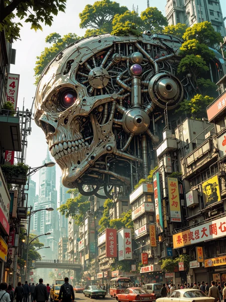 in the style of blade runner and star wars and studio ghibli and moebius, fantastic, ultra detailed, hyper-realistic, photo-realistic, highly detailed, cyberpunk, science fiction, a high-resolution photograph taken from a low-angle perspective, capturing a bustling urban scene with a massive, futuristic, industrial structure dominating the background. the structure is an enormous, complex network of interconnected mechanical components, pipes, and conduits, resembling a massive spaceship. the structure is covered with lush green plants, adding a striking contrast to its metallic, industrial appearance. the foreground is filled with a busy street scene, featuring various vehicles, including cars and buses, and numerous pedestrians. a slight haze in the distance adds depth to the scene. the background reveals a densely packed cityscape with tall buildings, some of which have a futuristic design, contributing to the sci-fi aesthetic. the colors in the image are vibrant, with a mix of grays, blacks, and metallic tones from the machinery, contrasted by the greenery and the bright urban environment and colorful accents in form of the cars, shop signs or clothing of the pedestrians. the overall composition is dynamic, with the towering structure drawing the eye upwards, while the street scene below adds a sense of scale and activity. the photograph captures a blend of futuristic sci-fi and modern urban elements, creating an intriguing and visually engaging scene, landed spaceship, taupe and sea green and red and anthrazit grey and imperial purple and night blue, dramatic lighting, dappled lighting, intricate details, professional artwork, ovg, motion blur, mythp0rt, niji_flux, <lora:style-retro_anime-flux-by_lizardman245:0.24> <lora:dynamic_blur_effect-flux-by_yelvti:0.64> <lora:style-mythic_fantasy-v2-flux-by_velvets:0.64> <lora:epic_gorgeous_details-balance-flux-by_flyway:0.36> <lora:style-niji-flux-by_macro:0.52>
