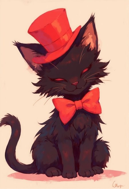 A black kitty wearing a tophat and a red bowtie. soft pastel anime