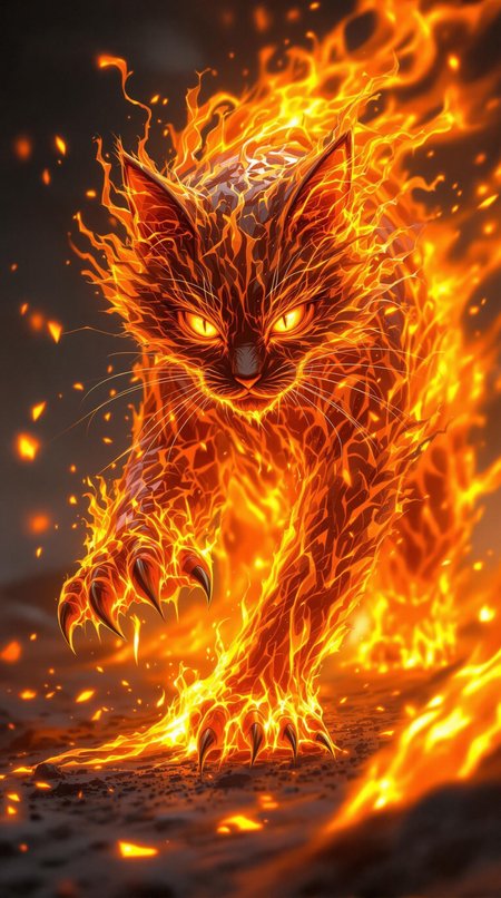 Create a hyper-realistic, anime-style image of a cat composed of churning magma, lava, and dancing flames. Depict in mid-pounce with right leg extended, claws outstretched (solidified black obsidian). Features: molten orange-yellow body with deep red lava tendrils, liquid glossy texture, subtle heat distortions, and a fierce face with bright, fiery yellow eyes (vertical pupils). Set against a deep, dark grey to black background with warm, golden lighting, intense fiery highlights, and subtle animated flames. Include dripping magma solidifying into glowing embers on the ground. Aim for cinematic still frame quality.