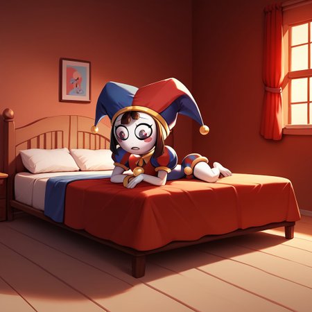 score_9, score_8_up, score_7_up, score_6_up, score_5_up, score_4_up, 1 girl
cartoon style, cartoony style,
pomni,jester cap,blush stickers
 full body, bedroom, bookshelf, bed,