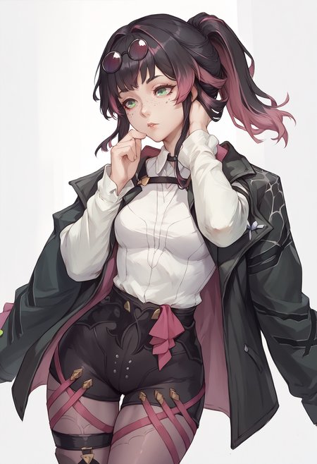 score_9, score_8_up, score_7_up BREAK solo, 1girl, clamKafka, black hair, pink dyed hair, ponytail, green eyes, freckles, eyewear on head, black jacket, white shirt, black shorts, purple pantyhose <lora:clamKafkaPDXL:1>