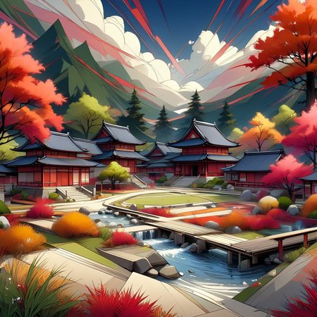 InkBlast, a landscape, a beautiful zen garden, reds golds and whites,