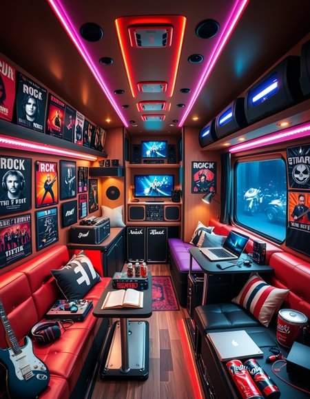 The interior of a modern RV customized for a rock band on tour. The space is stylish and lived-in, filled with musical gear like guitar cases, amps, and a drum pad. Posters of famous rock bands and tour memorabilia cover the walls. There are leather couches, a small kitchenette with snacks and energy drinks, and a cluttered table with laptops, cables, and setlists. A narrow hallway leads to sleeping bunks with personal items like headphones, books, and clothes tossed around. The lighting is warm with LED strips in red and purple tones, giving it a cozy but edgy atmosphere. A small TV displays concert footage, and speakers are mounted on the ceiling. The whole scene feels energetic, artistic, and chaotic in a creative way. Realistic style, rich colors, and highly detailed environment.
<lora:SDXLFaeTastic2400:0.4> <lora:extremely_detailed:0.4> extremely detailed <lora:r0ck_b4nd_rv:1>r0ck b4nd rv, Masterpiece,best quality,hi res,8k,hi res,8k,award winning,(sharp focus, intricate, highly detailed),