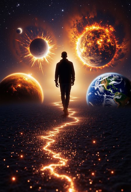 The silhouette of a male person is walking along a trail made of specks of star dust within space. The trail isn't straight. He is the center of the image. He walks past planets that get destroyed in different ways. It should appear like the person walking along the trail is responsible for or at least connected to the destruction of the planets. There are four planets in the image. Two before him and two past him. The two planets before him are exploding or imploding. The two planets behind him are craking open and falling apart.
The image is made in a high-resolution realistic fantasy style. The image should have the qualities of wallpaper. 
masterpiece, 32k,