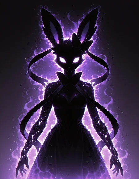 <lora:Shadows_v2_Buns:0.7> sh4d0w, black silhouette, purple aura, glowing, solo, Sylveon, masterpiece, best quality, amazing quality
