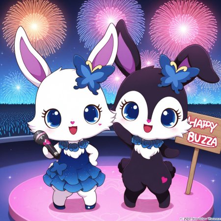 best quality, masterpiece, Full Body, Romantic, Small, Body, Furry, BREAK, rubyjp, no humans, 1girl,  rabbit, chibi, furry, hair ornament, necklace, jewelry, chest fur, white fur, BREAK, 1girl,  luea, feral, solo, blue eyes, rabbit, furry, rabbit ears, black fur, purple inner ear, white chest fur, white face, chibi, body fur, (blue butterfly hair ornament), (blue rose necklace), on stage, fireworks, singing, microphone, Fancy sparkling blue dress, buzz music, sign, sign written buzz music, the sign said buzz music, text say buzz music, duo, duo girls, pose, posing