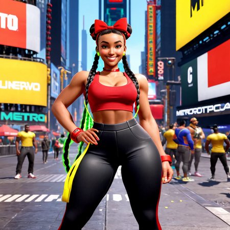 a woman wearing red outfit,  kimberly, braids, yellow straps, green earphones,  holding spray paint,  black hair, tight pants, sneakers, hair bow, walkman,   best quality, looking at viewer,  <lora:sf6sdxl:0.9>, sf6sdxl, dark skin, times square, metro city, smile, game cg,