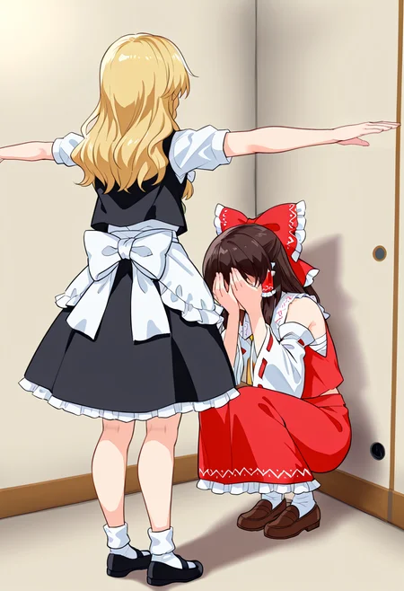 masterpiece, best quality, absurdres, assert_your_dominance_(meme), 2girls, indoors, wall, corner,
BREAK
kirisame marisa, t-pose, standing, from behind, spread arms,
BREAK
hakurei reimu, squatting, covering face, hands on own face,
<lora:assert_your_dominance_meme:1>