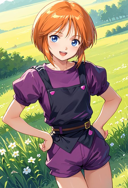 score_9, score_8_up, score_7_up, source_anime BREAK 1girl, solo, zz_ple, <lora:zz_ple_2:1>, (1990s\(style)\:0.5), cowboy shot, dutch angle, purple shirt, black apron, belt, purple shorts, puffy shorts, puffy short sleeves, orange hair, short hair, sidelocks, blue eyes, looking at you, smile, open mouth, hands on hip, grass field