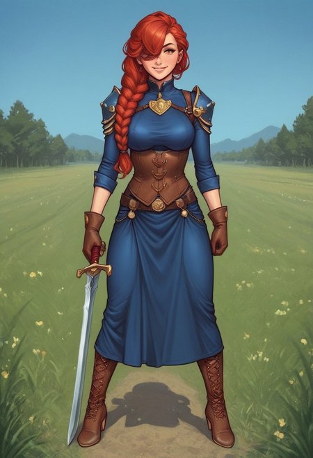 1girl, illustration, looking at viewer, highly detailed, from front, 1girl, illustration, looking at viewer, highly detailed, source_comic_illustrationskinny, looking at viewer, 1girl, masterpiece, best quality, Her , full body portrait, 1girl, <lora:agrias-nvwls-v3:1> agrias, armor, corset, blue dress, brown gloves, weapon, cross-laced boots, looking at viewer, sidelocks, braided ponytail, yellow eyes, Romance, sci-fi, artificial intelligence, highly detailed
BREAK 
slight smile, looking at viewer, 
BREAK 
long hair, red hair, hair over one eye, big hair, 
BREAK 
best quality, depth of field, bokeh, (((full clothed)))  (best quality, high detail), ((masterpiece)), ((ready to fight, holdind big sword in hands)), <lora:1_ino_20e:1>
BREAK 
((((field, farm)))) score_9, score_8_up, score_7_up, score_6_up, source_cartoon, rating_explicit, Expressiveh, (((((full body))))), dynamic pose