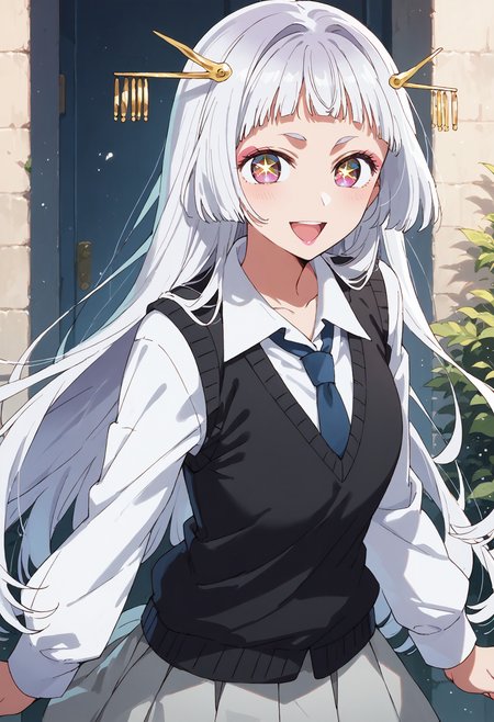 score_9, score_8_up, score_7_up, , score_ANIME,sayahime, 1girl, , solo, , very long hair,  looking at viewer, hime cut, ,,, hair ornament, purple eyes,, white hair, short eyebrows, blunt bangs,eyeshadow, pink lips,  <lora:kurokawaakane_pony2:0.8>   cowboy shot,  black vest, white shirt, long sleeves, grey skirt, miniskirt, blue necktie,smile, open mouth, star-shaped pupils,