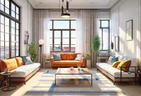 ((front view)), anime-style, modern-style interior, with white walls, (large windows), Nordic-style furniture, a  study, Sofa, coffee table, bookcase, single wall, 
warm light morning sun, (the view of the city)