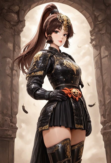score_9, score_8_up, score_7_up, score_6_up, source_anime, , best quality, amazing quality, intricate detail, highly detailed, absurdres, 1girl, solfe female, beautiful detailed girl), Lu Lingqi, brown hair, brown eyes, long hair, high ponytail, headpiece, feathers, armored dress, shoulder armor, black skirt, thigh boots, armored boots, gloves, chinese armor, stream,, standing, cowboy shot,, looking at viewer, confident, proud, light background with soft lighting and subtle glow, ancient Chinese-inspired fashion, regal yet approachabledynamic angle, <lora:SmoothStyle_Omega:1>