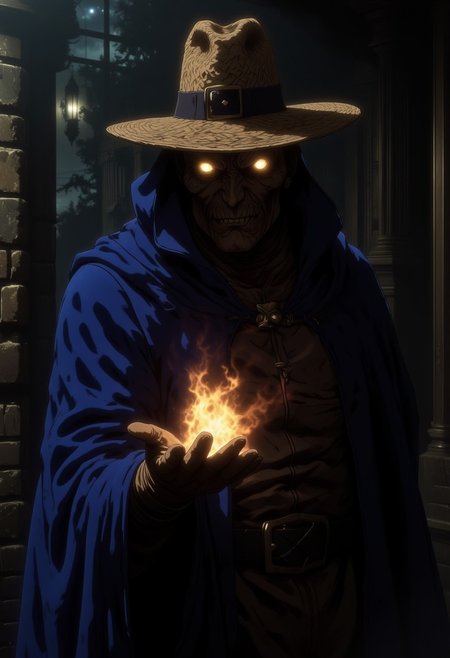 in the style of ck-ovf,, egmid, A mysterious figure cloaked in shadow. his face his entirely in a void of darkness except for two eerie yellow glowing eyes. he wears a large brimmed straw hat with a high pointy top. he is cloaked in midnight blue cloak and robe. his arm is outstretched with his gloved palm facing upwards. a ball of flame dances elegant mere inches from his hand.