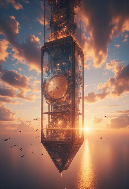 Improved cinematic photo, 35mm photograph, film, professional, 4k, highly detailed, aidmaMJ6.1,
A colossal clock tower made of glass, suspended upside-down in the sky,
The tower is intricately constructed, with transparent glass gears visible within its structure, turning slowly and emitting faint pulses of golden light. The numbers on the clock face glow softly, shifting and reforming as though keeping time across multiple dimensions.
The sky surrounding the tower is a vivid gradient of sunset hues—fiery oranges, deep purples, and soft pinks—dotted with scattered clouds that reflect the warm light from the glowing tower. The upside-down tower seems to hover weightlessly, its peak pointing toward a vast, glistening ocean far below.
Tiny flocks of birds circle the tower, adding a sense of scale, while shimmering beams of light extend outward, as if the tower itself is radiating energy. The reflection of the tower appears faintly on the ocean's surface below, distorted by gentle ripples. The scene exudes a sense of mystery and awe, blending elements of fantasy, architecture, and surrealism.