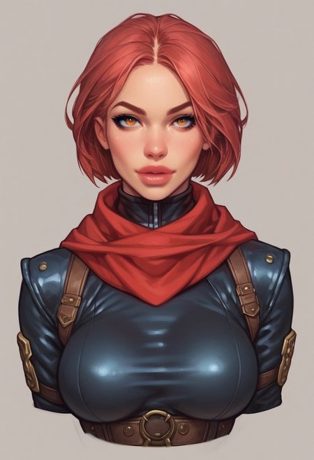 ((front view)))
A pale skinned red hair girl, dressed in grimy and worn-out clothes, she stands in a dimly lit (underground base:1.5). Her body is adorned with white latex garments with red accents/details, including a complex design bodysuit, (((a red scarf tied around her neck))), and several white belts, white harnesses, and white holsters for her tactical equipment. Her attire is accented with red, crop jacket. Looking at viewer, confident cute pose, shiny reflective eyes.
(((full-clothed))),
BREAK 
strange world background score_9, score_8_up, score_7_up, score_6_up, source_cartoon, rating_explicit, Expressiveh, (((((Upper body, full body))))), dynamic pose