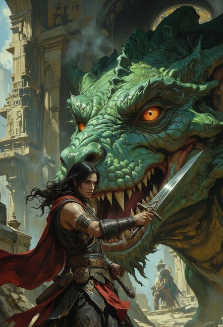portrait of a barbarian warrior holding a long sword fighting an aggressive humungous green dragon with sharp fangs, ancient temple background, there is a sense of adventure and danger, correct digits, perfect expressive eyes, perfect pupils, otherworldly, interesting color pallet, Stunning visuals, Texture, beautiful face features