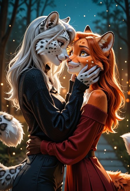 female furry with female furry, 2girls, duo, intimate interaction, soft yet intense atmosphere, one gently holding the other's face, their eyes locked in silent understanding, fur blending where they touch, warm evening glow, detailed background of a quiet park with fireflies floating in the air, soft breeze moving their fur, semi-realistic, cinematic lighting, depth of field, high-quality rendering.  
first girl: elegant fox furry, vibrant orange and white fur, long bushy tail curling slightly behind her, deep golden eyes filled with warmth, wearing a flowing deep red dress that contrasts beautifully with her fur, delicate fingers gently touching the other's cheek, expression soft but confident, ears slightly perked, subtle smile on her lips.  
second girl: shy snow leopard furry, sleek silver-gray fur adorned with intricate black rosettes, striking ice-blue eyes looking up hesitantly, wearing a dark blue off-shoulder sweater that drapes softly over her slender frame, small nervous smile, long fluffy tail swaying slightly, ears twitching as she leans subtly into the fox furry’s touch, overwhelmed yet drawn in by the moment.