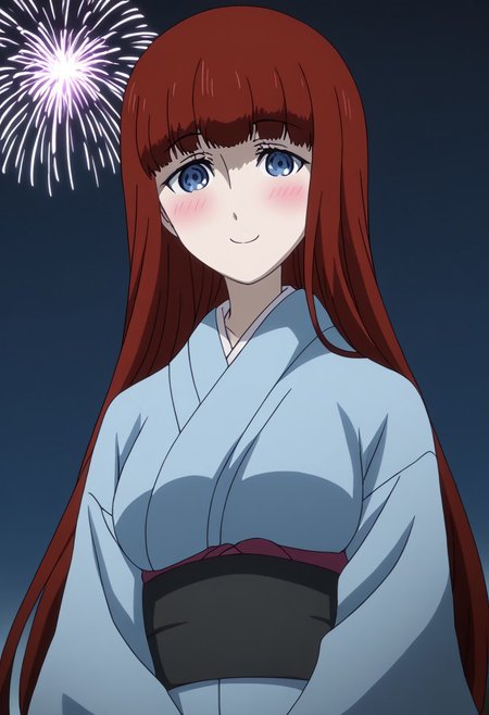 rating_safe, Ultra-high-detailed Anime illustration of Kagari Shiina from Anime Steins;Gate 0. The artwork features Kagari in a solo, standing position with a outdoors, flield and background, background in the night sky. night time. night.
She is depicted with intricate details showcasing her large breasts, natural_breasts. She is a white skinned, 22 years old woman. Kagari is looking_at_viewer with perfect_eyes, Her pupils are highly detailed. The eyes are open. blue eyes. Kagari's eyes are highlighted. Highlighted eyevrows. 
She has long hair, red colored hair, styled in blunt bangs and floating hair.
She is wearing a blue kimono and black shoes. japanese kimono, kimono.
The artistic style is intricate_details_xl with a focus on Anime art. The color palette emphasizes red and black with detailed strokes to bring out the character's features. The lighting creates dramatic shadows and highlights, adding depth to the artwork. The perspective is from a face focus, dutch angle to enhance the impact of the character's expression. This masterpiece is a true portrayal of Kagari's complex personality and will captivate any fan of Kagari. uncensored, upper body, blushing, smile, Kagari Shiina,
perfecteyes,
<lora:Steins_Gate:1>
kimono
happy new year!, Happy New Year fireworks, Happy New Years