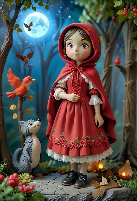 masterpiece, best quality, (curious red riding hood) young character, wearing a dark red hooded cape, lace-up bodice, long skirt with lace trim, leather shoes , bonnet, set in  a serene woods, with rustling leaves, dappled sunlight, a gentle breeze, birds singing, and a sense of peace, under the moonlight, at night, smiling