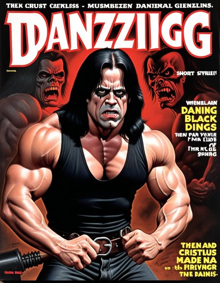 hud_plp_mag, (english text title, "DANZIG"), Glenn ((Danzig)), short, muscular man, long black hair, sleeveless black muscle shirt, angry, gothic, retro artstyle, magazine cover, parody, <lora:pulp_mag_xl:0.6>,