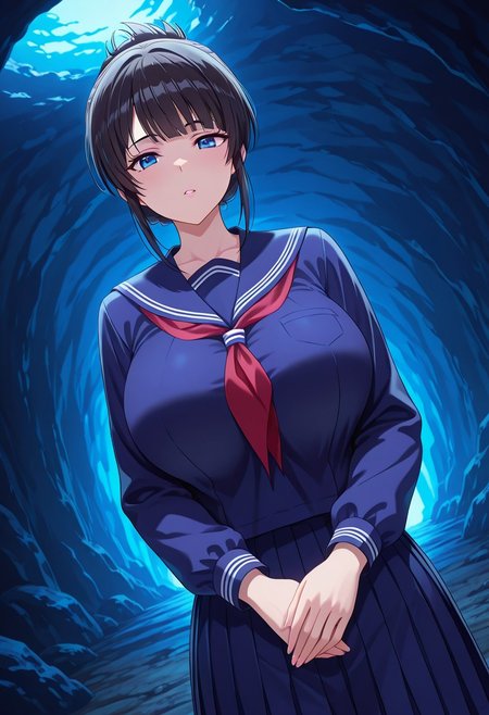 general,highres, ultra-detailed,very aesthetic,best quality ,best hands,best eyes,easynegative,
dynamic anglre, dutch angle, anime cloring,
1girl solo,looking at viewer,cave,
Sui kayama,navy blue_eyes, black_hair,hair up,huge_breasts,school uniform,