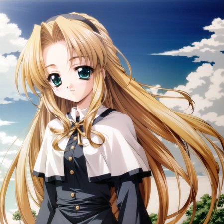 masterpiece, highest quality, high quality, sharp, detailed, scan,
kanuma youko,
lens flare, 1girl, sun, solo, long hair, sparkle, hairband, sunlight, sky, day, blue sky, blonde hair, green eyes, gradient, gradient background, looking at viewer, hair pulled back, light rays, white hairband, outdoors, blue background, upper body, sunbeam, smile, forehead, bokeh, cloud
1girl, solo, long hair, capelet, transparent background, black background, looking at viewer, long sleeves, letterboxed, blonde hair, v arms, very long hair, green eyes, upper body, hairband, buttons, dress