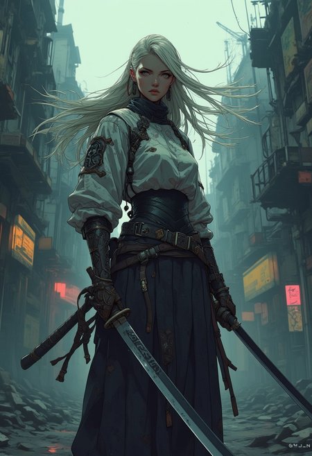 pixel art, Post apocalypse, In the thick fog of a dilapidated city, in the middle of a dilapidated street, a samurai woman stands ready for a confrontation, clutching a long samurai knife with both hands. Her gaze is fixed on the camera lens, the wind blowing through her long hair flutters around her. the samurai woman is in a steady pose, firm, in a determined stance. the wind heightens the sense of anticipation. A charged atmosphere of emptiness, despair and tiredness, A dim, dystopian background with a warm, industrial tone - soft lighting,