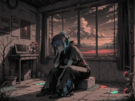 masterpiece,best quality,amazing quality,, re4lity_sync_illu, Sinozick_illu, LeIsT0_illu, 1girl, (solo:1.4), (cute, adorable, kawaii:1.2),
 soft lighting, shadows, harsh shadows, Chiaroscuro Lighting, dusk, dark theme, surreal, flat color, spot color, (monochrome, grayscale:0.7), dark brown theme, (interior,:1.1)
1girl, (solo:1.4), hair_up, medium hair, loose ponytail,  light green eyes, happy,  looking at viewer,  light emerald hair, dark Royal Blue hair, ,   large breasts,   obi, perfect cute face,  (charcoal skin, colored skin,:1.4) Bioluminescent skin,  sitting, leaning forward,, fighting pose,  
iridescent patterns, cotton  hooded cape, headscarf,
   many pocketet pants,
  gold uneven floor, bloodwood tree, colored leafs, colored grass, twisted grass, magical clouds,  window, ladder, servers, computers,   plastic tall walls,  concrete decorated floor, dark Aquamarine leafs, flowers, rose field, grass, expansive sky, clouds,  curtains,  cyberpunk architecture, celestial, room, walls, floor, 
<lora:NOOB_vp1_detailer_by_volnovik_v1:1> <lora:add-detail-xl:1> <lora:Sinozick_style:0.6> <lora:LineArt Grey [LoRA] - Illustrious-XL v0.1:0.4> <lora:LeIsT0_style:0.2> <lora:- iLL - the_edgy_mech_V2.0-:0.4> <lora:ck-shadow-circuit-IL:0.4> <lora:illustrious_very_aesthetic_v1:0.2> <lora:cutesexyrobutts_style_illustrious_goofy:0.2> <lora:OldAnimeStyle_XL_v3:0.3> <lora:xl_more_art-full_v1:0.3> <lora:style2:0.1> <lora:ponyv6_noobE11_2_adamW:0.2>