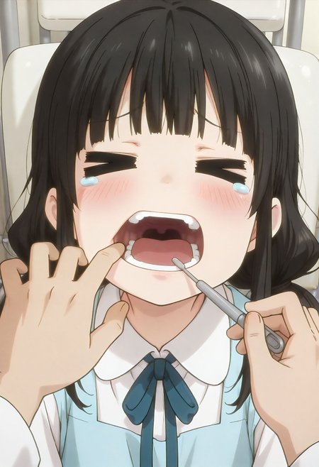 masterpiece, best quality, high quality, highres, absurdres, insanely detailed, amazing quality, very aesthetic, newest,  Anime screencap, zPDXL3, sfw,
<lora:Hyper-SDXL-8steps-lora:1>, <lora:StS-Illustrious-Detail-Slider-v1.0:3>, <lora:illustriousXL_stabilizer_v1.7:0.8>,
1girl, black hair, bangs, Straight bangs, blunt bangs, hime cut, long hair, straight hair, low twintails, long pigtails, hair tie,
dress, blue dress, white blouse, neck ribbon, bule ribbon, suspenders,
<lora:cartoon_crying_v1_illustrious:1>
cartoon crying, >_<, waving mouth,
indoor, dentist, examination chair, dental treatment, pov hand, (tweezers, holding tweezers, tweezers in mouth:1.3), lying, on back, from above, closeup, extreme closeup, mouth focus, dutch angle,
<lora:Mouth_Pull_ILXL:1> open mouth, teeth, uvula, tongue, finger in own mouth, mouth pull,