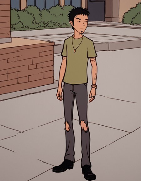 score_9, score_8_up, score_7_up, highly detailed, solo
BREAK  <lora:Trent_Lane_Daria_-_Pony:0.8>, trentlane, male, black hair, black eyes, facial hair, multiple earrings, green shirt, necklace, bracelet, multiple rings, black pants, torn pants, black shoes, upper body, outdoors