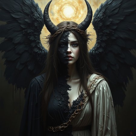 Dark fantasy portrait: figure emerging from shadows, dual-natured being. Face split between angelic and abyssal darkness. Figure wearing tattered robes, reminiscent of medieval times. Dramatic lighting contrasting light and shadow. Oil painting style, dark fantasy aesthetic, ultra-detailed textures. 8K resolution, cinematic atmosphere, religious iconography meets gothic horror. aidmaMJ6.1