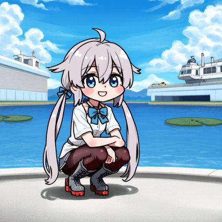 1girl, kiyoshimo (kancolle), by kodoto, chibi, ahoge, blue eyes, blue sky, blurry, boots, bow, bowtie, clothes between thighs, cloud, cross-laced footwear, day, depth of field, frog, grey hair, grey pantyhose, hair between eyes, halterneck, lace-up boots, lily pad, long hair, low twintails, outdoors, pantyhose, shirt, sky, smile, solo, squatting, twintails, very long hair, white shirt,