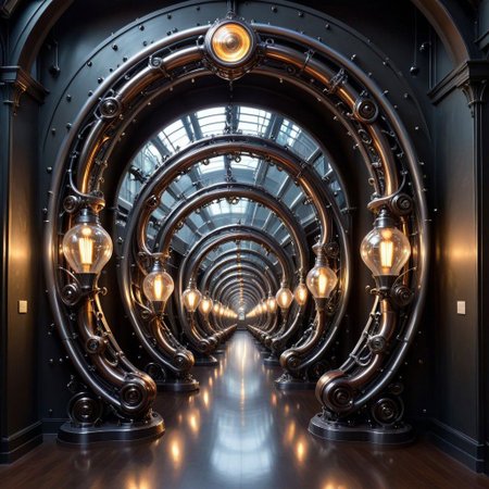 bridge, steampunk, LIQUID METAL oval biopunk ornaments on steel columns,  light bulbs, art nouveau ornaments on glass fancy walls,  machines, beams, epic, colossal,Spiral Effect,,
