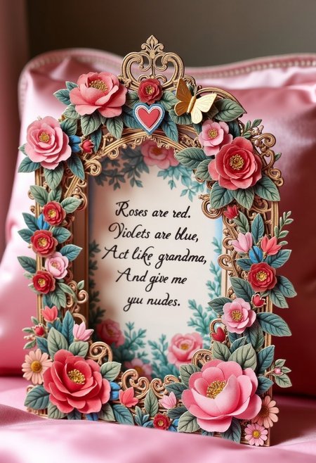 High resolution close up photo of a Gorgeous three dimensional vintage Valentine's Day card with with a neatly written greeting.  pap3rl4y2.
Writing with elegant calligraphy scrip "Roses are red. Violets are blue. Act like my grandma, And give me your nudes".
The card pops up and stands as a gorgeous romantic filigree trellis covered in beautiful vines and flowers. Filigree butterflies and hearts add extra charm. The back of the card is a beautiful watercolor painting framed by the three dimensional trellis. Beautiful filigree and lace embellishments. Gorgeous meticulously detailed flowers. Satin and velvet ribbon and bow embellishments. Gorgeous filigree hearts and butterflies. Pearl accents. Gorgeous vivid romantic colors, rose gold, pink, blue, lavender, maroon, white, sage green. The card is beautifully displayed propped against a shiny satin pillow. The entire image is surrounded by a gorgeous filigree frame. Beautiful romantic light.