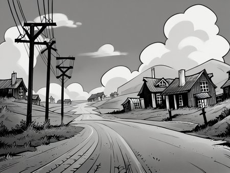 score_9, score_8_up, score_7_up, score_6_up, score_5_up,  <lora:CSXLP:1> cs, no humans, monochrome, greyscale, scenery, outdoors, tree, cloud, sky, power lines, building, grass, house, road, fence, utility pole