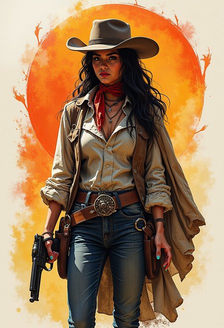 masterpiece, ink and crayon art of a female gunslinger, wild west, HD32K, wallpaper, hyperdetailed, concept art