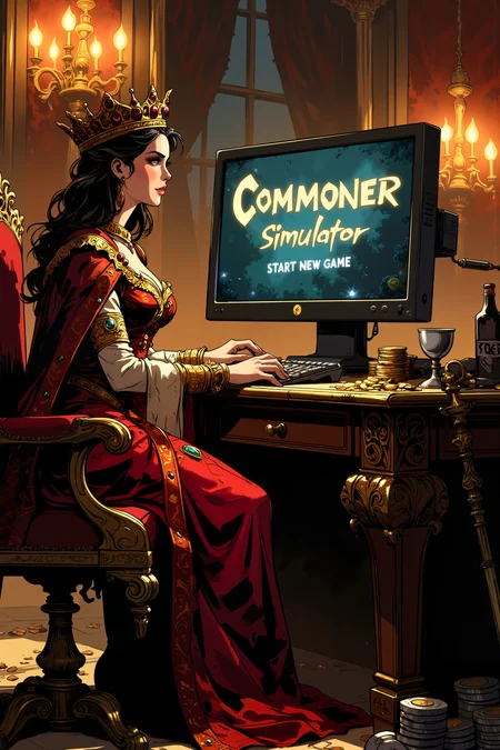 A computer screen which prominently displays the title "Commoner Simulator" under it is the text "START NEW GAME".Before the screen sits a regal queen, draped in rich velvet robes embroidered with gold, sits at a grand wooden desk, her perfectly-manicured fingers hovering over a high-end gaming keyboard. Her crown, encrusted with rubies and emeralds, catches the glow of the computer screen.  Golden chandeliers cast a warm glow over the lavish room, their light reflecting off the polished marble floor. Behind her, an ornate throne remains empty, temporarily abandoned for the digital world of simulated poverty. Her royal scepter leans against the desk, forgotten, while a delicate silver goblet of the finest elven wine sits untouched beside her mechanical mouse. Her expression is one of intense focus, as if experiencing an entirely alien world, her lips slightly parted in fascination. Stacks of gold coins rest beside the computer. , detailed background  Fantastic lighting. Detailed shadows.intricate details, vivid colors, hyper-detailed, ultra-sharp, , <lora:Ev_Ganin:0.4><lora:Vintage comic book:0.4><lora:RetroAnimeFluxV1:0.15><lora:Greg_Capullo_style:0.4><lora:jeanClaude_Mzires_Style_FLUX-000001:0.4><lora:Flux_Ink_Anime:0.4>