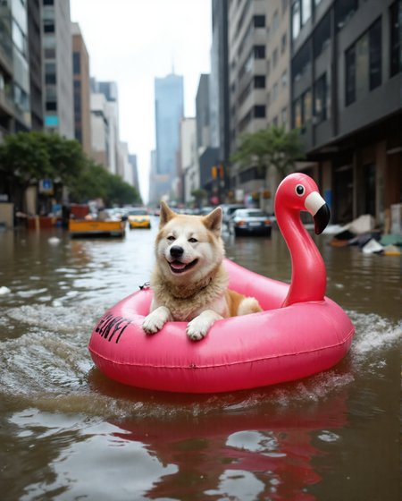 Imagine an image in the style of cinematic photorealism: A joyful Akita Inu dog named Yujin, happily navigating the flooded city streets in a pink flamingo inflatable boat. Yujin is smiling contentedly as he passes by half-submerged vehicles and debris. The boat's wake creates ripples that distort the reflection of a distant, partially flooded skyscraper., <lora:flux\personas\YujinLiz.safetensors:1.0:1.0> <lora:flux\estilos\Flooded_Streets_Flux.safetensors:1.0:1.0> <lora:flux\estilos\PCB_Image_Enhancer_for_FLUX.safetensors:1.0:1.0>