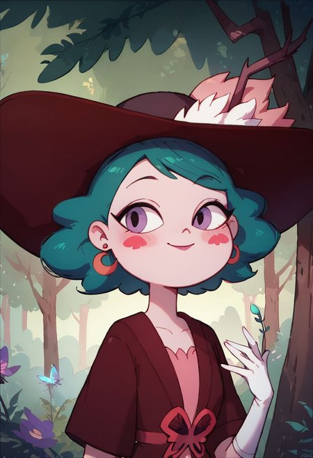 score_9, score_8_up, score_8, Eclipsa Butterfly, green hair, short hair, purple eyes, red moon earrings, red spade blush stickers, dark red sun hat with feathers and branch, white gloves, red cardigan with butterfly decoration, pink dress, 
upper body, smile, closed mouth, in woods, vivid colors,