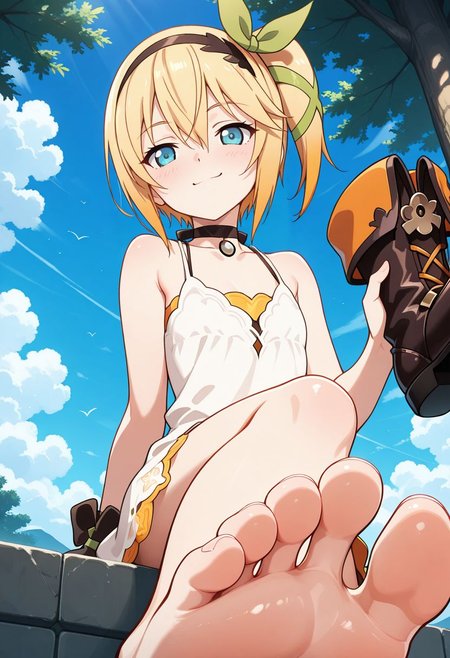detailed eyes, beautiful, detailed background, perfect eyes,
source_anime, very aesthetic, anime coloring,
<lora:HandFineTuning_XL:1>
BREAK,
indoor, 
cowboy shot, flat chest, sitting, smirk,
BREAK,
<lora:edna_illustrious_v01:0.9>
ednabase, short hair, blonde hair, multicolored hair, orange hair, blue eyes, hair between eyes, bow hairband, hair bow, hair ribbon, side ponytail,
white dress, sleeveless dress, single glove, holding a boot,
feets, foot focus, from below,