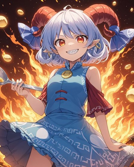 toutetsu yuuma,1girl, solo, sharp_teeth, blue_dress, red_sleeves, spoon, fire, red_horns, oversized_object, sheep_horns, looking_at_viewer, grin, horizontal_pupils, jewelry, blue_ribbon
<lora:toutetsu_yuuma_image1106_2023-12-20-000014:1>,star-shaped_pupils,symbol-shaped_pupils,. gorgeous,key visual, vibrant, studio anime,award-winning, professional, highly detailed,high budget, cinemascope