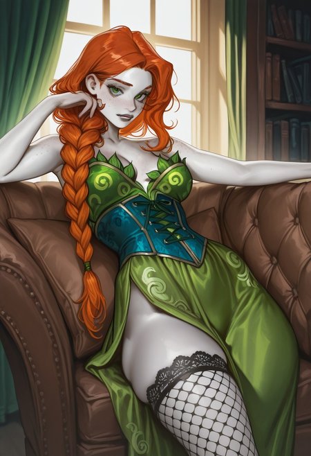 woman flirting, looking at viewer, (((pale skin))), orange hair, freckles, hair in one long braid, big green eyes, (((green silk brocade dress))), ((blue silk corset)), ((fishnet stockings)), wingback armchair, bookcase, window, dust motes, dim lighting, light beam through window