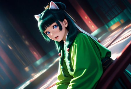 masterpiece, best quality, 8k, amazing quality, photorealistic, scinematic, Volumetric lighting, depth of field, wide angle, cinematic, realistic. 1girl, solo, <lora:Mao Mao:1> ma0ma0_default, green hair, long hair, blunt bangs, hair ornament, twintails, blue eyes, freckles, hair over shoulders, multi-tied hair, half updo, chinese clothes,green hanfu, wide sleeves, long sleeves, looking at viewer, cat ears, animal ear fluff, excited