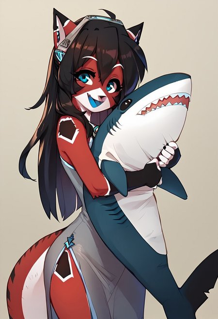 score_9, score_8_up, score_7_up, 1girl, solo, ara, cat girl, furry, 1girl, solo, looking at viewer, grey dress, side slit, headgear, smile, standing, object hug, open mouth, hugging, shark, stuffed shark, simple background, 