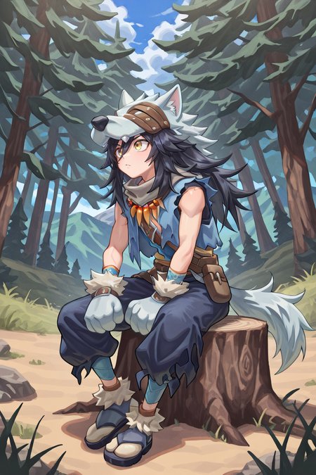 <lora:FlunkyIL:0.8> , fludef, 1boy, black hair, long hair, yellow eyes, wolf hat, wolf hood, wolf pelt, wolf tail, grey scarf, bandana around neck, necklace, tooth necklace, fur trim, blue vest, torn clothes, paw gloves, sandals, full body, forest, sitting on stump,  exterior, mountainous background, (solo), masterpiece, very aesthetic, absurdres, best quality, amazing quality, high resolution, detailed background,  <lora:illustrious_quality_modifiers_masterpieces_v1:0.8> , <lora:ChamIllustriousBackgroundEnhancer:0.5>