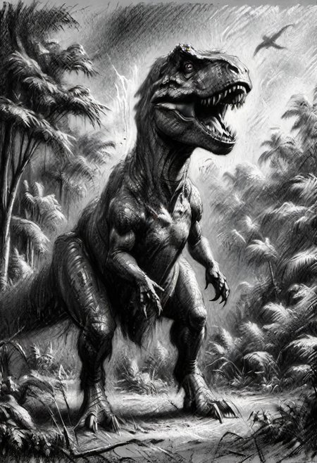 (masterpiece), 
A t-rex from jurassic park, 
Black and white tones,
HDR, highly detailed, 32k, 
looking at viewer,